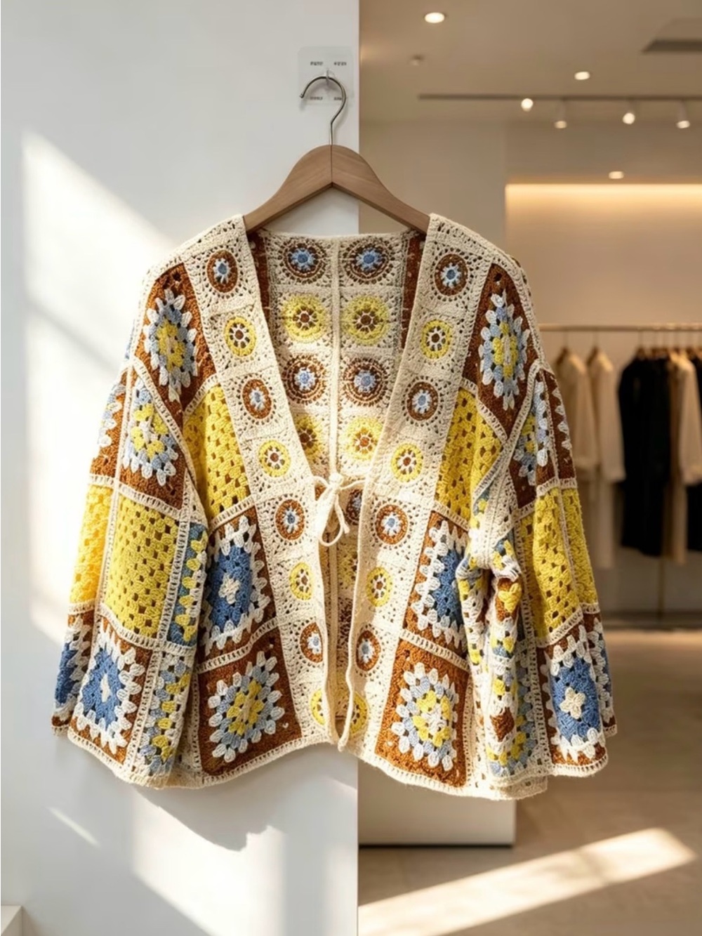 Crochet Patchwork Cardigan Sweater Yellow Multi New Boutique One Size Fits Most.
